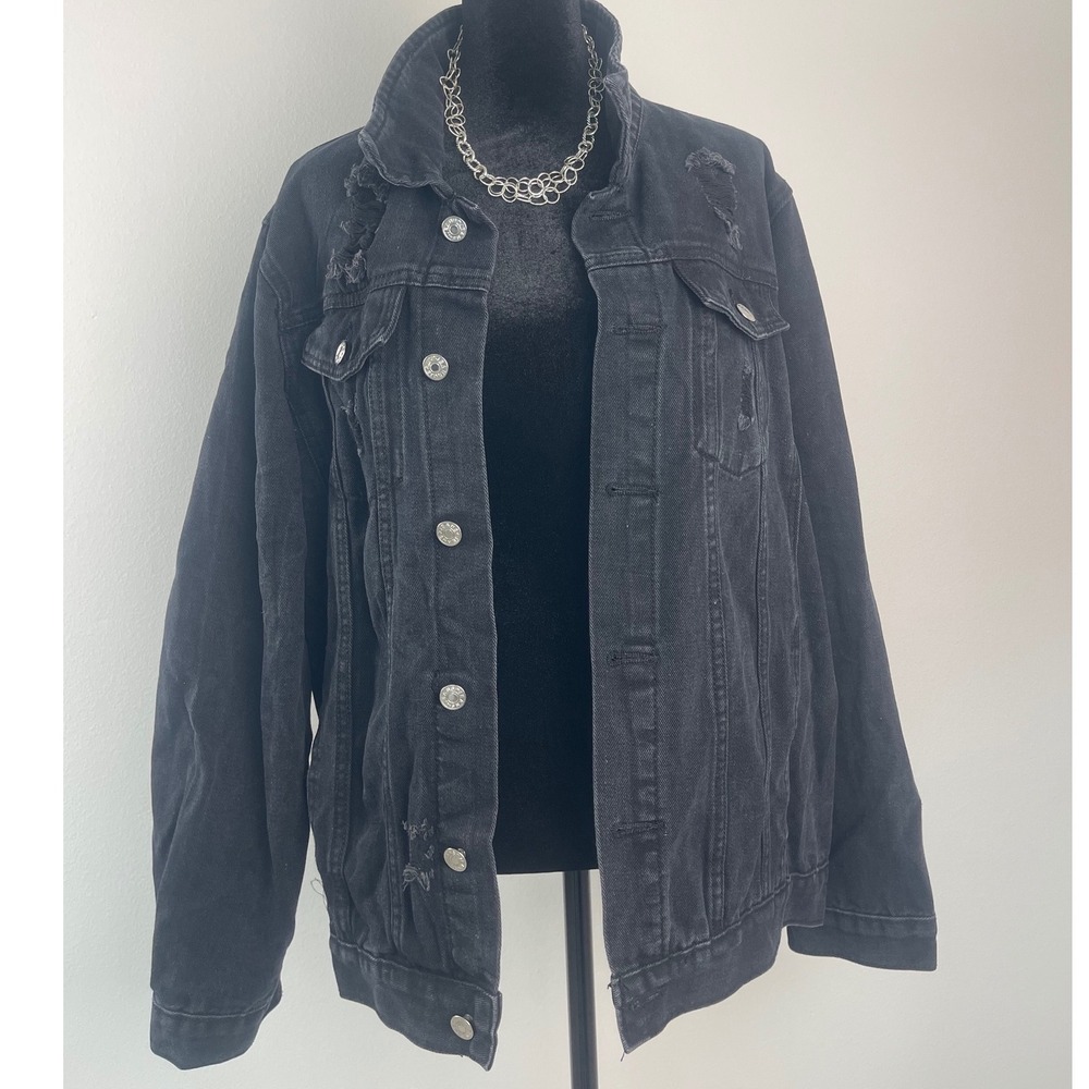 Vintage Gianni Milano Black Distressed Denim Jacket Size L Made in Italy